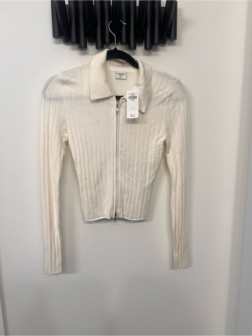 Abercrombie & Fitch Cream Ribbed Zip-Front Long Sleeve Top